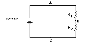 circuit diagram showing battery connected through wire A to resistor R1 which is connected at point B to resistor R2 which is connected by wire C back to the battery